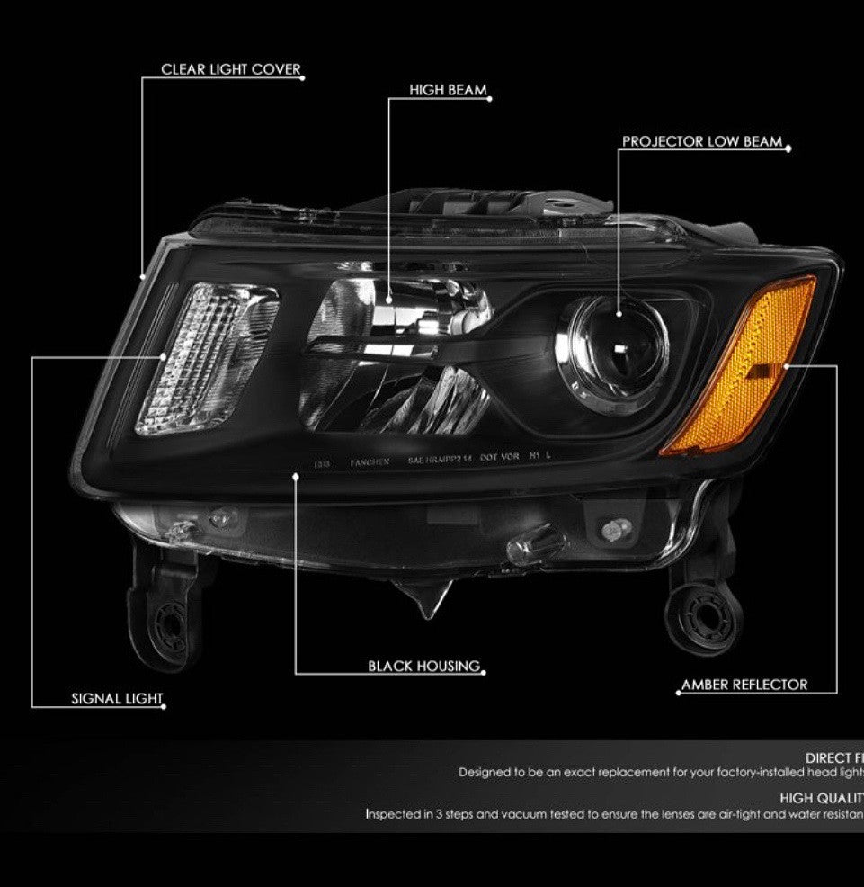 OB-HL-OH-JGC14-BK-AM 14-16 Grand Cherokee Black Housing Projector Headlights