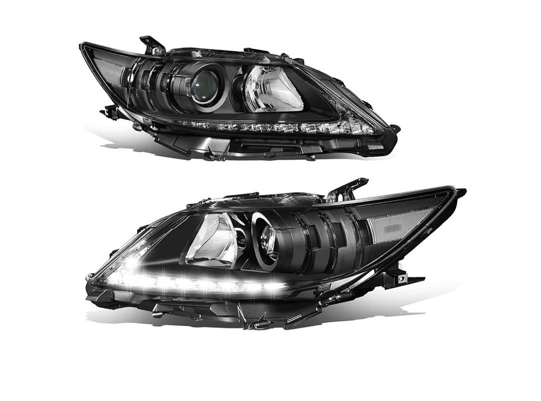 LED DRL Projector Headlights Compatible with 13-15 Lexus ES300h ES350, Halogen Model, Black/Clear Reflector