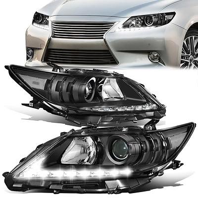 LED DRL Projector Headlights Compatible with 13-15 Lexus ES300h ES350, Halogen Model, Black/Clear Reflector