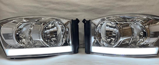2006 To 2008 Dodge Ram DRL LED Chrome Headlights Luces Micas Calaveras Faros Focos Cromados Lid Luz Light