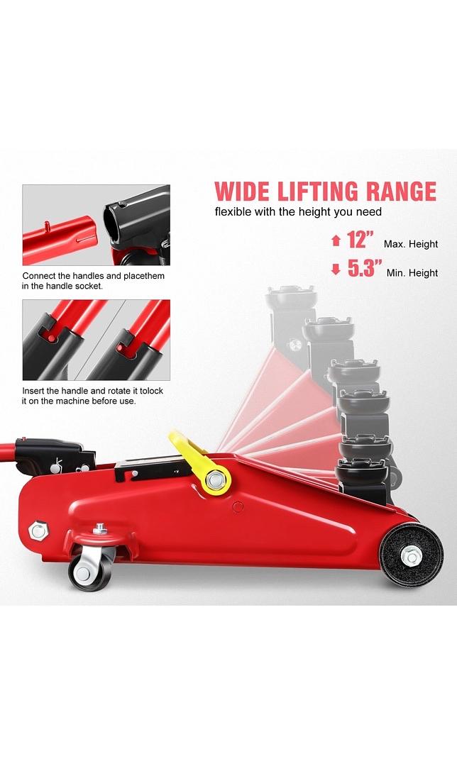 Low Profile Hydraulic Trolley Service/Floor Jack, 1.5 Ton (3000 lbs) Capacity, Lifting Range 5.3"-12",Red,