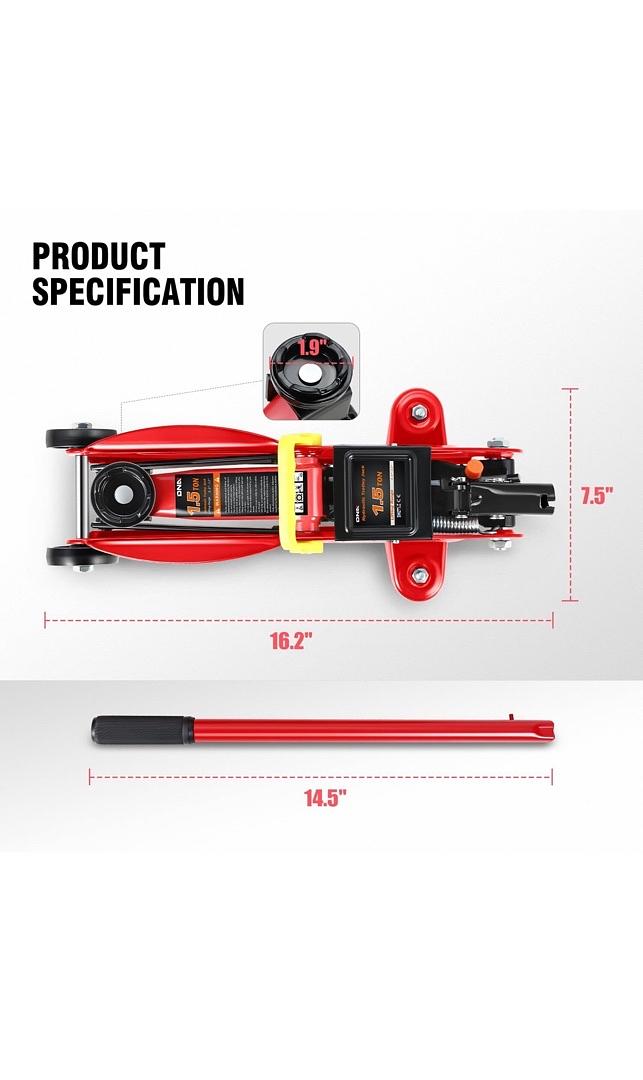 Low Profile Hydraulic Trolley Service/Floor Jack, 1.5 Ton (3000 lbs) Capacity, Lifting Range 5.3"-12",Red,