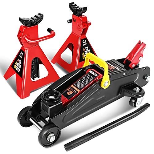 Low Profile Hydraulic Trolley Service/Floor Jack Combo with 2 Ratchet Jack Stands, 2 Ton (4000 lbs) Capacity