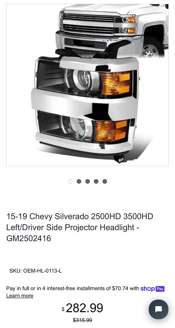 OB Oem-hl-0113-l. OEM Style Left Headlight For Chevy Silverado 2500HD For 2015 To 2019