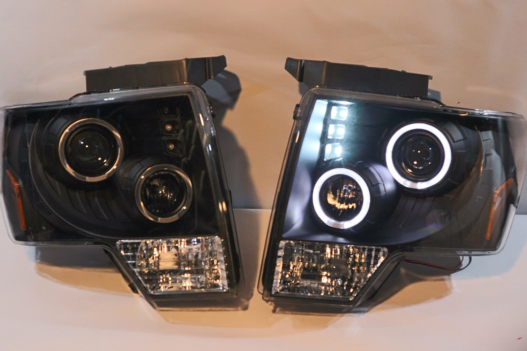 09-14 Ford F-150 Black Housing Headlights W/ Dual Projectors & Halo LED Rings