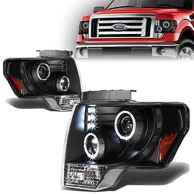 09-14 Ford F-150 Black Housing Headlights W/ Dual Projectors & Halo LED Rings