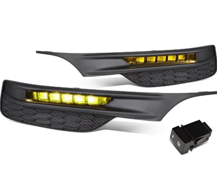 2016 to 2017 Honda Accord Front Bumper LED Fog Light Lamp+Bezel+Switch Amber Lens