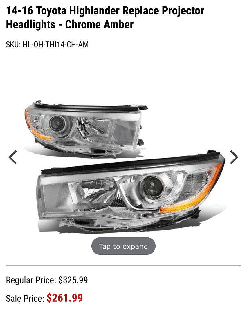 Toyota Highlander Projector Headlights For 2014 To 2016