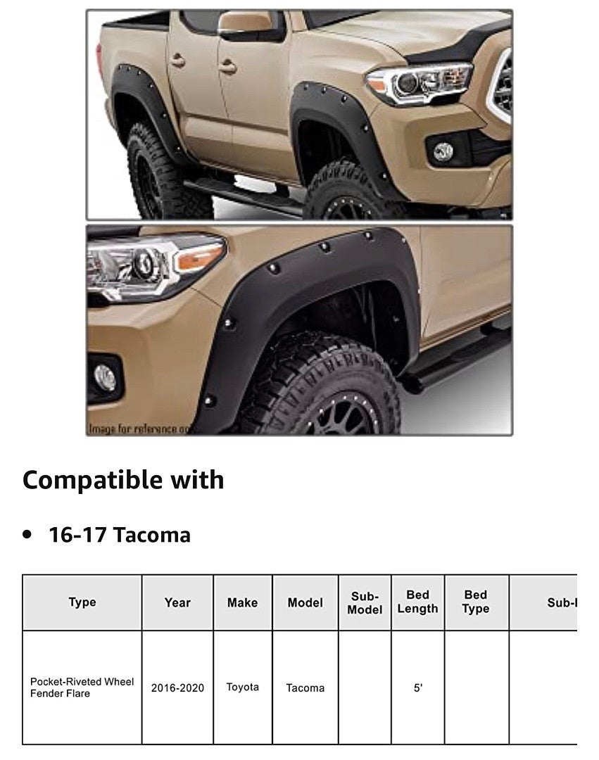 16-17 Toyota Tacoma 5ft bed Fender Flares with Rivets