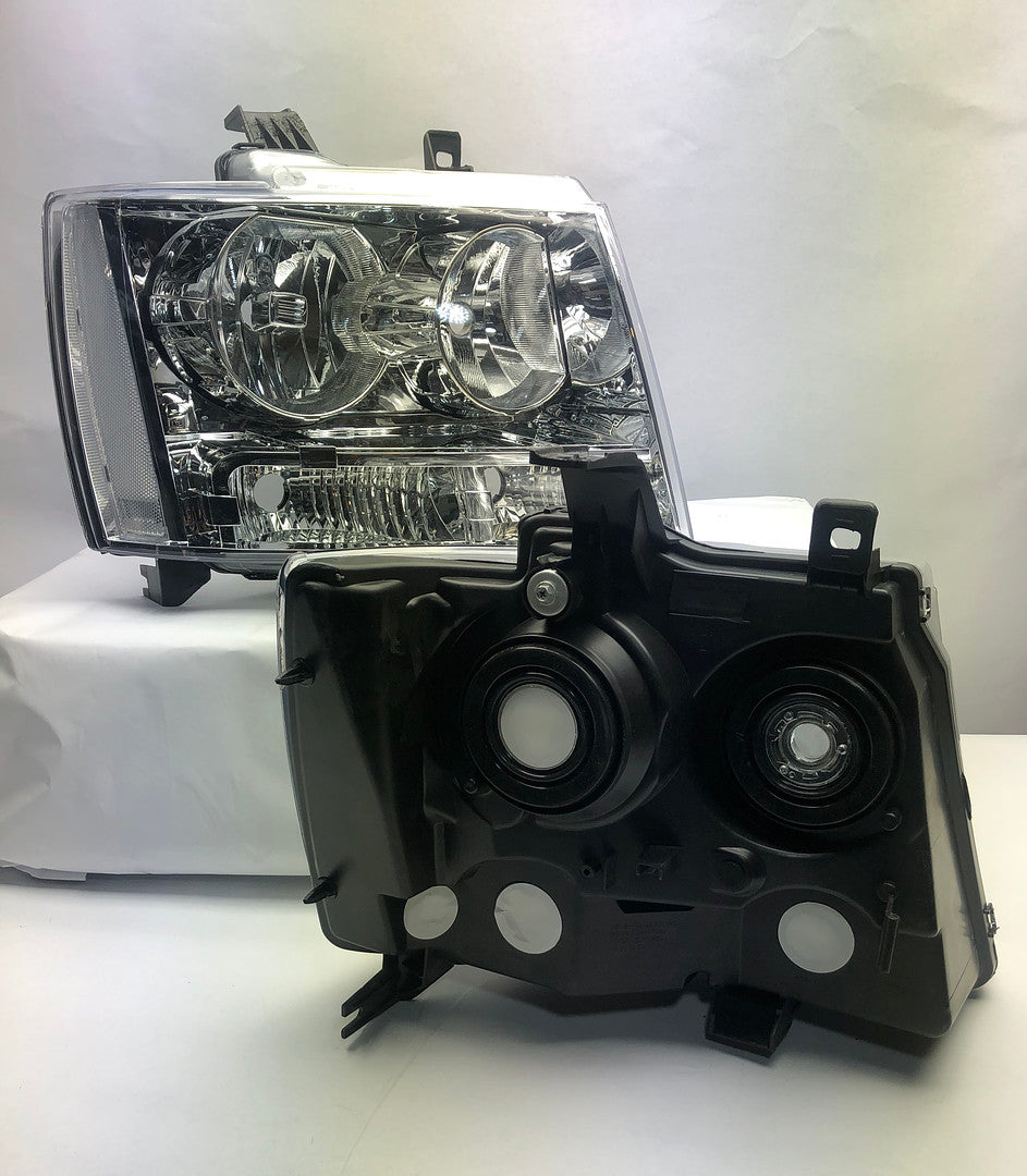 Pair of Headlight for 07-14 Chevy Tahoe/Avalanche/Suburban CHROME HOUSING AND CLEAR