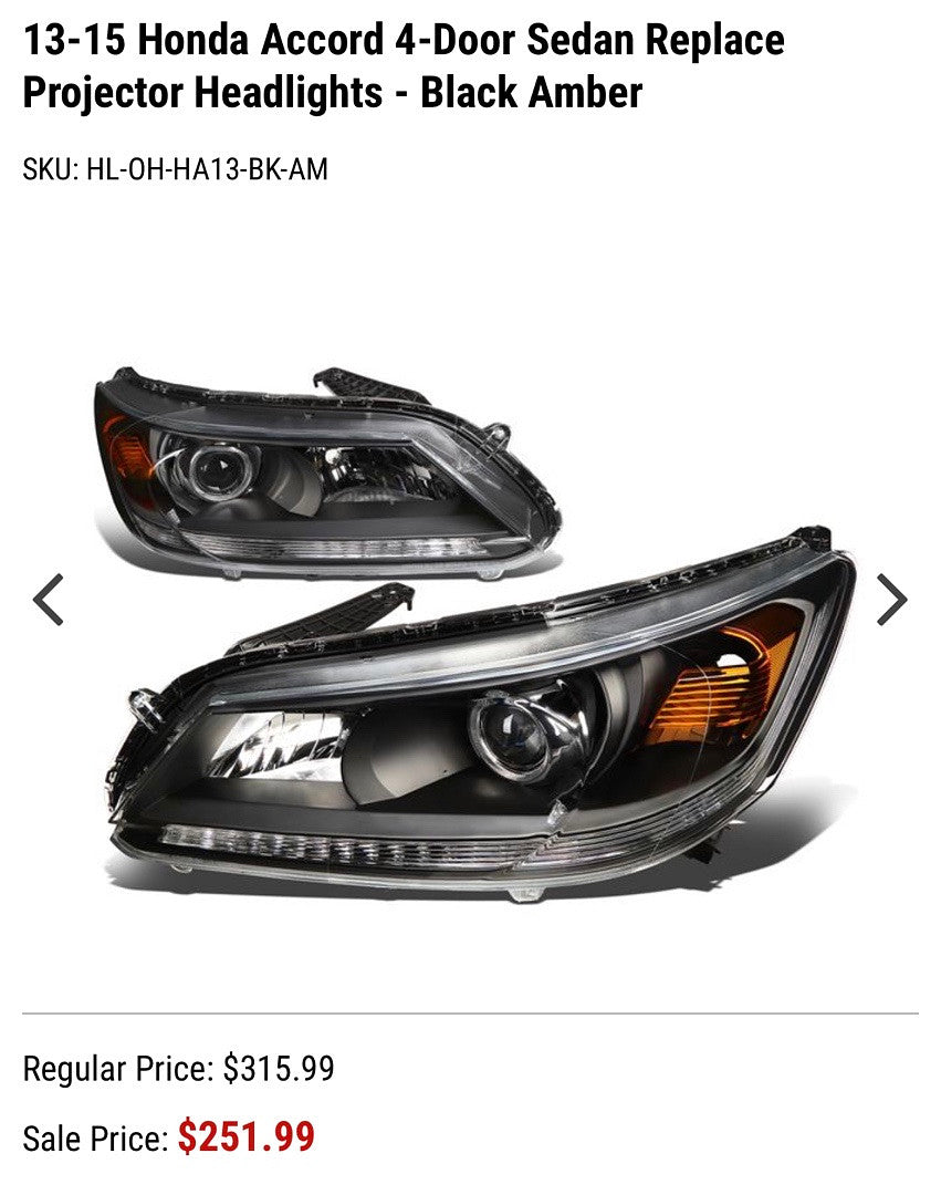 4door Sedan Honda Accord LED Projector Black Housing Headlights For 2013 To 2015