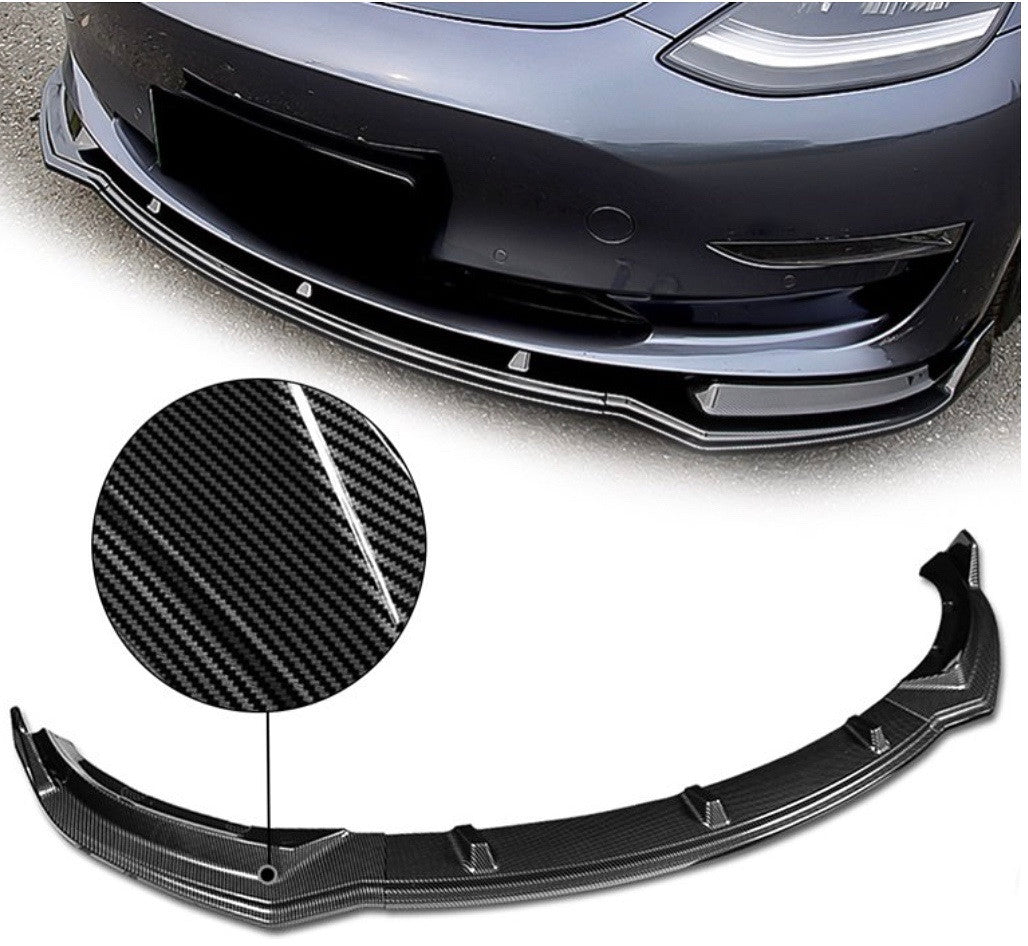 17-20 Tesla model 3 carbon fiber front bumper body kit 2017-2020 Tesla Model 3 Carbon Fiber Look 3Pcs Front Bumper Lips Guard Body Kit w/ Vertical Stabilizers 18 19
