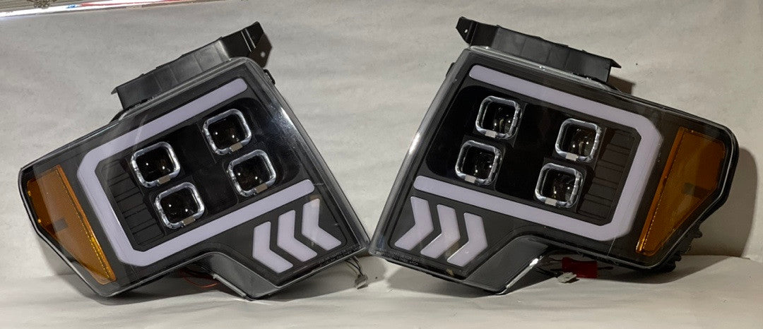 09-14 Ford F150 LED DRL+Turn Signal Quad Projector Headlights - Black Housing Amber Corner