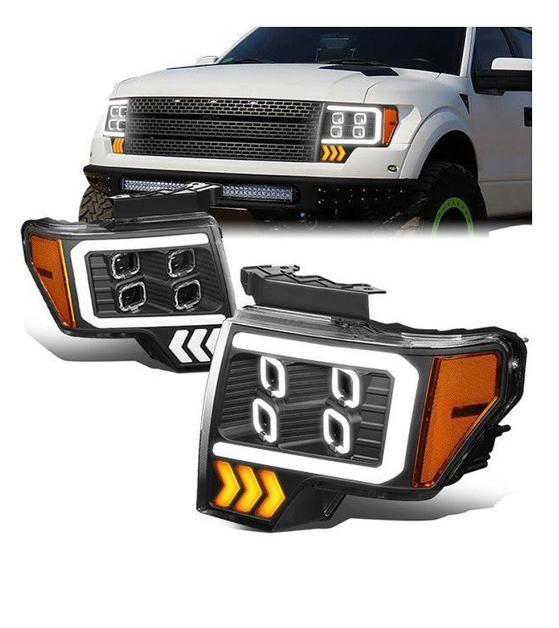 09-14 Ford F150 LED DRL+Turn Signal Quad Projector Headlights - Black Housing Amber Corner