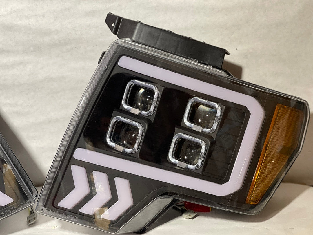 09-14 Ford F150 LED DRL+Turn Signal Quad Projector Headlights - Black Housing Amber Corner