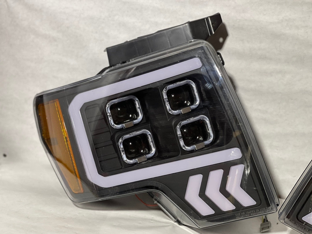 09-14 Ford F150 LED DRL+Turn Signal Quad Projector Headlights - Black Housing Amber Corner