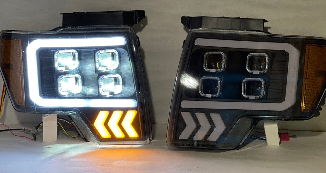 09-14 Ford F150 LED DRL+Turn Signal Quad Projector Headlights - Black Housing Amber Corner