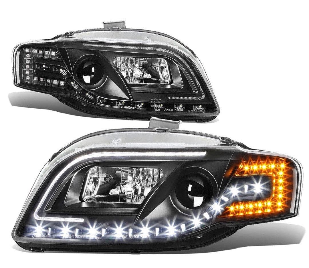 05-08 A4 Sedan Wagon Black Amber Signal LED String DRL Projector Headlights Replacement