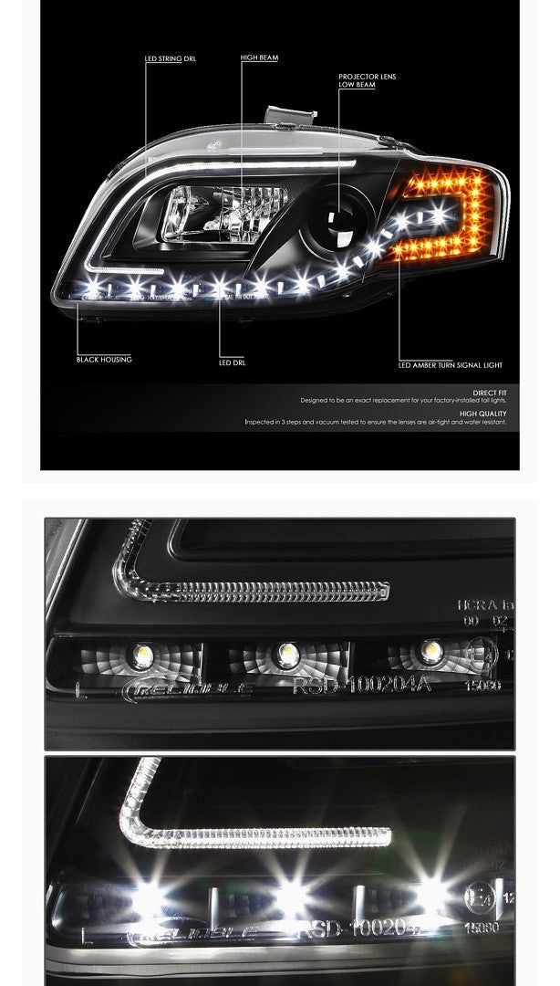 05-08 A4 Sedan Wagon Black Amber Signal LED String DRL Projector Headlights Replacement