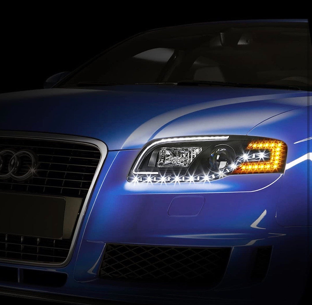 05-08 A4 Sedan Wagon Black Amber Signal LED String DRL Projector Headlights Replacement