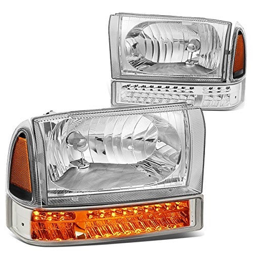 99-04 Ford F-250/ F-350/ F-450/ F-550 Super Duty Chrome Amber Headlights With LED DRL Compatible