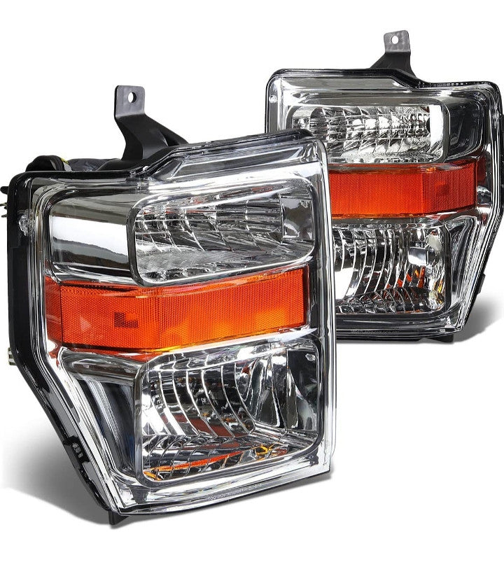08-10 Ford F-250 F-350 F-450 Super duty Chrome housing headlights amber
