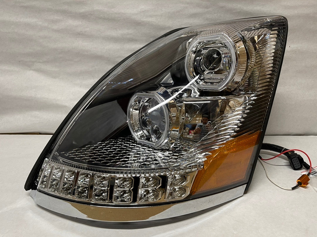 OB HL-HAY-004-CH Pair of LED Chrome Sequential Signal Dual DRL Halo Projector Headlights Compatible with 04-18 VN VNL 300 400 430 630 740 760 860