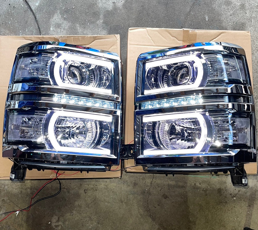 . Chevy Silverado Smoked LED DRL+U Tube Bar Projector Headlights for 2014 to 2015