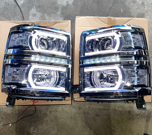 . Chevy Silverado Smoked LED DRL+U Tube Bar Projector Headlights for 2014 to 2015