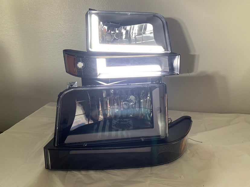 92-96 Ford F150 F250 F350 6Pcs Bronco Headlight+Bumper Lamp w/LED DRL - Black|Amber