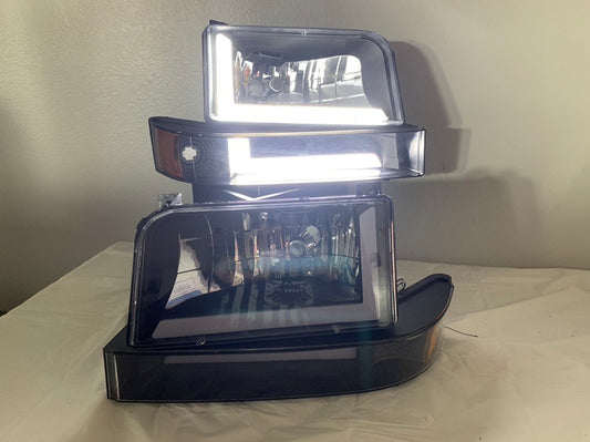 92-96 Ford F150 F250 F350 6Pcs Bronco Headlight+Bumper Lamp w/LED DRL - Black|Amber