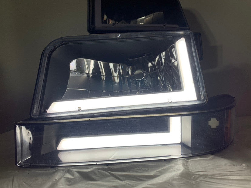 92-96 Ford F150 F250 F350 6Pcs Bronco Headlight+Bumper Lamp w/LED DRL - Black|Amber