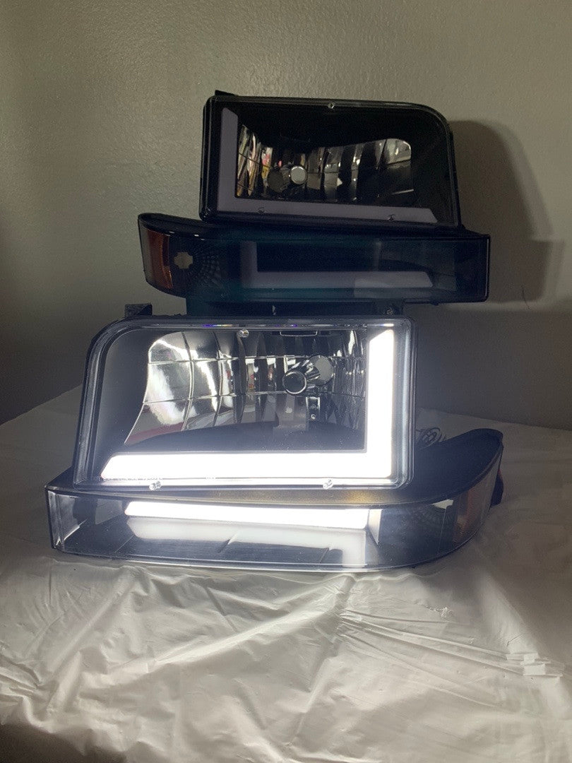92-96 Ford F150 F250 F350 6Pcs Bronco Headlight+Bumper Lamp w/LED DRL - Black|Amber