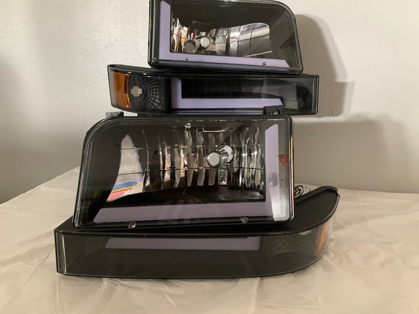 92-96 Ford F150 F250 F350 6Pcs Bronco Headlight+Bumper Lamp w/LED DRL - Black|Amber