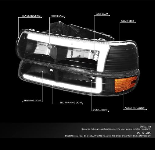 NEW 4-HL-SILV99-DRL-BK-AM 99-02 chevy silverado black housing G3 Led Headlights