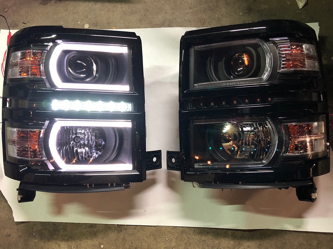 14-15 Chevy Silverado 1500 BLACK HOUSING AND CLEAR WITH AMBER LED projector HEADLIGHTS