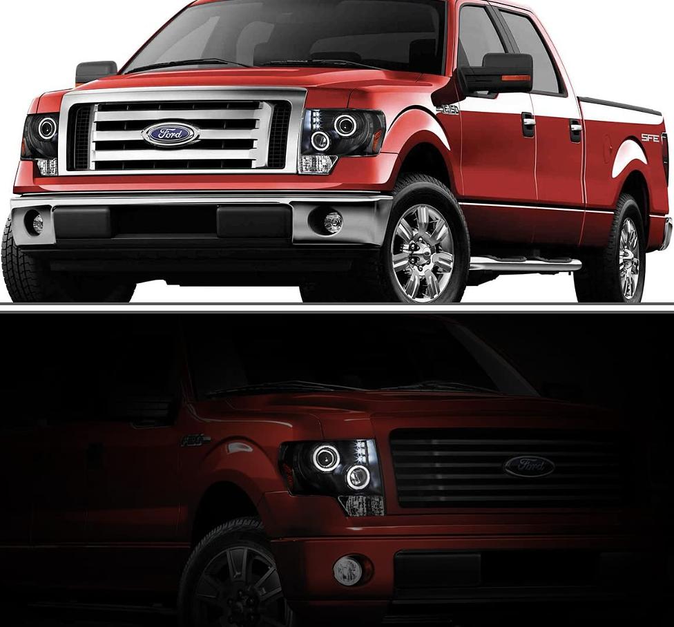 Ford F150 Dual Angel Eyes Halo Projector Smoked Headlights for 2009 to 2014