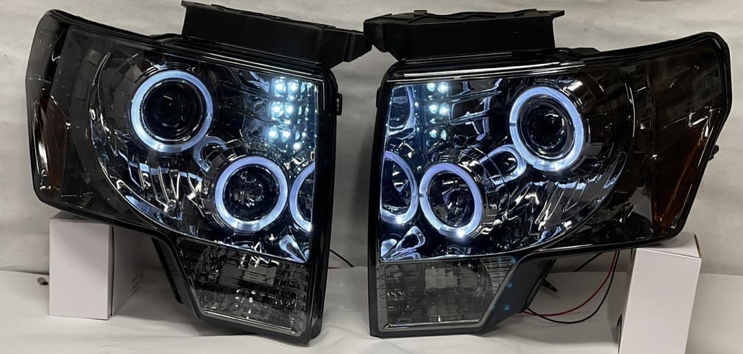 Ford F150 Dual Angel Eyes Halo Projector Smoked Headlights for 2009 to 2014