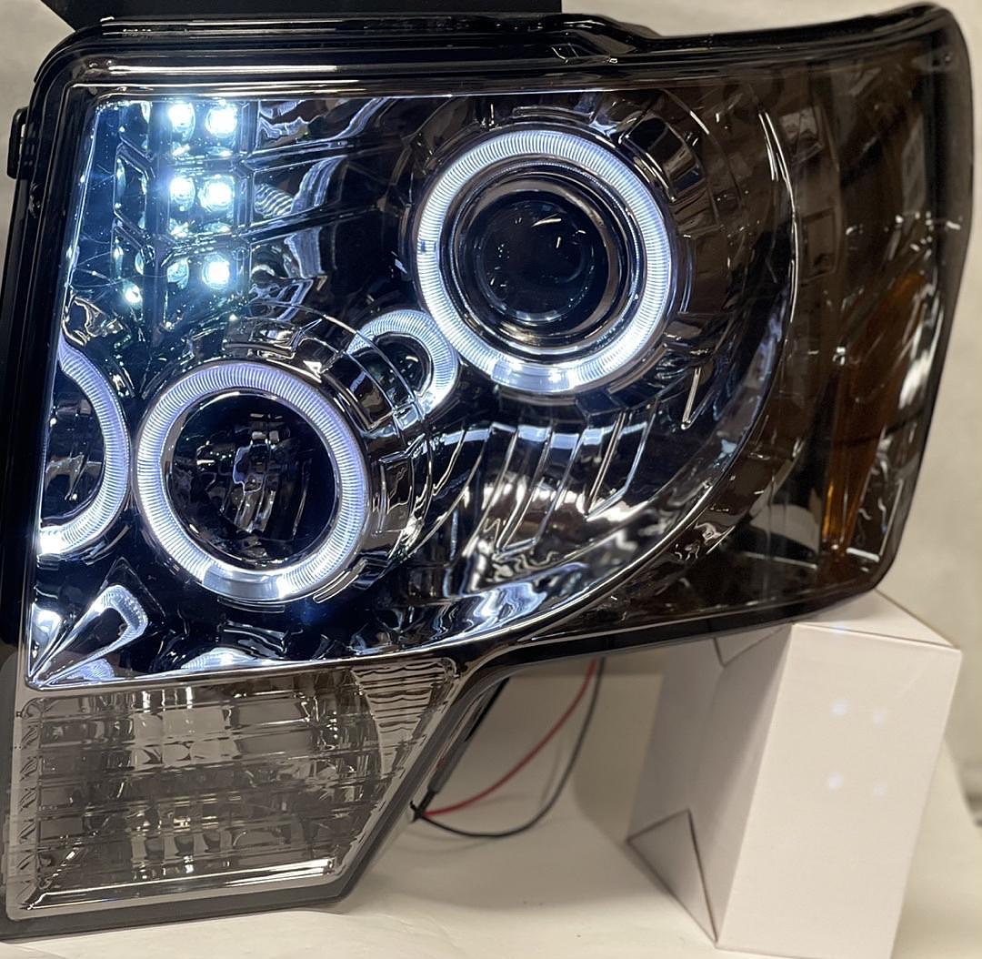 Ford F150 Dual Angel Eyes Halo Projector Smoked Headlights for 2009 to 2014
