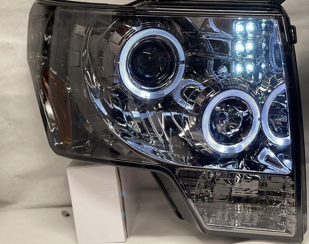 Ford F150 Dual Angel Eyes Halo Projector Smoked Headlights for 2009 to 2014