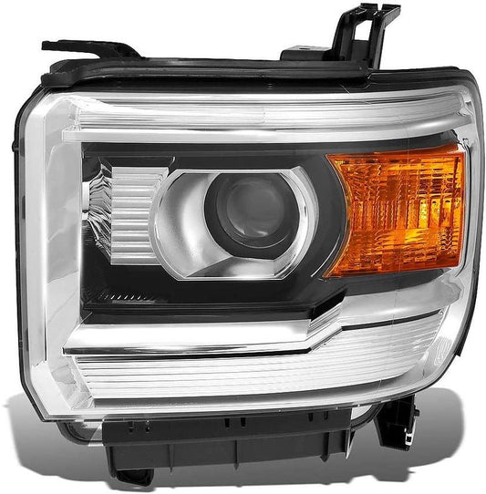 As IS Oem-hl-0057-l 14-15 gmc sierra amber black housing left side headlight non led drl and for halogen bulb only