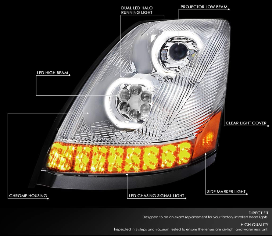 2004 to 2018 Volvo VN Chrome Sequential Headlights Luces Micas Calaveras Faros